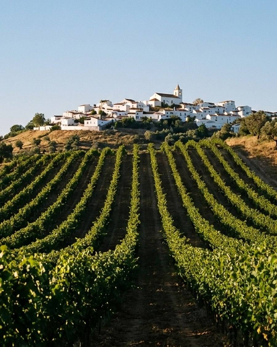 Viñedos de la campiña del Condado de Huelva con un pueblo blanco al fondo